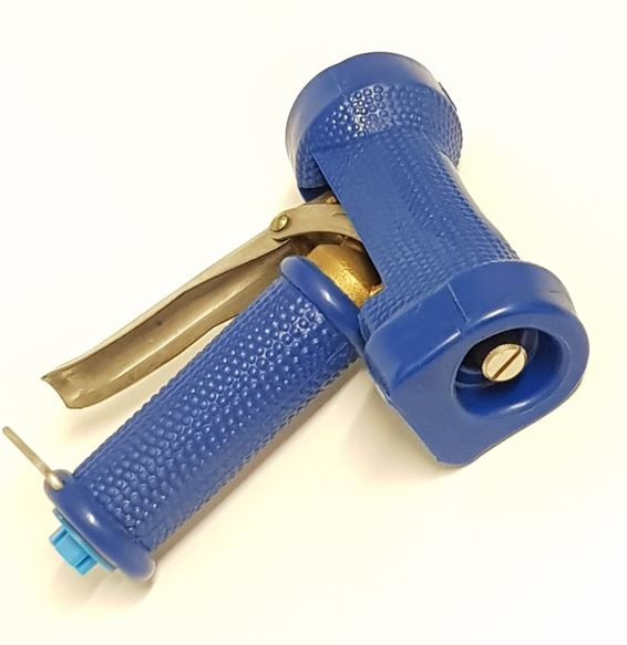 V-TUF blue wash down gun close-up showing trigger guard and inlet connection detail