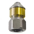 V-TUF rotating drain nozzle showing stainless body and rear-facing jet hole configuration