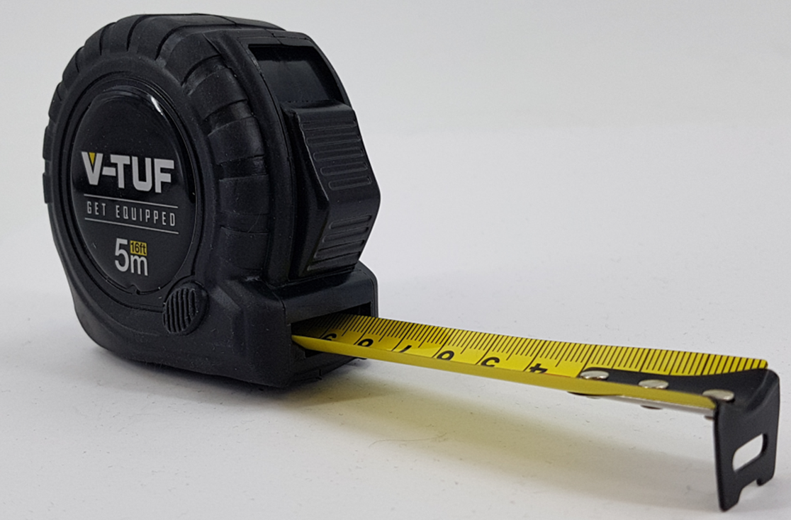 V-TUF 5m tape measure extended showing blade and dual-side mm inch markings