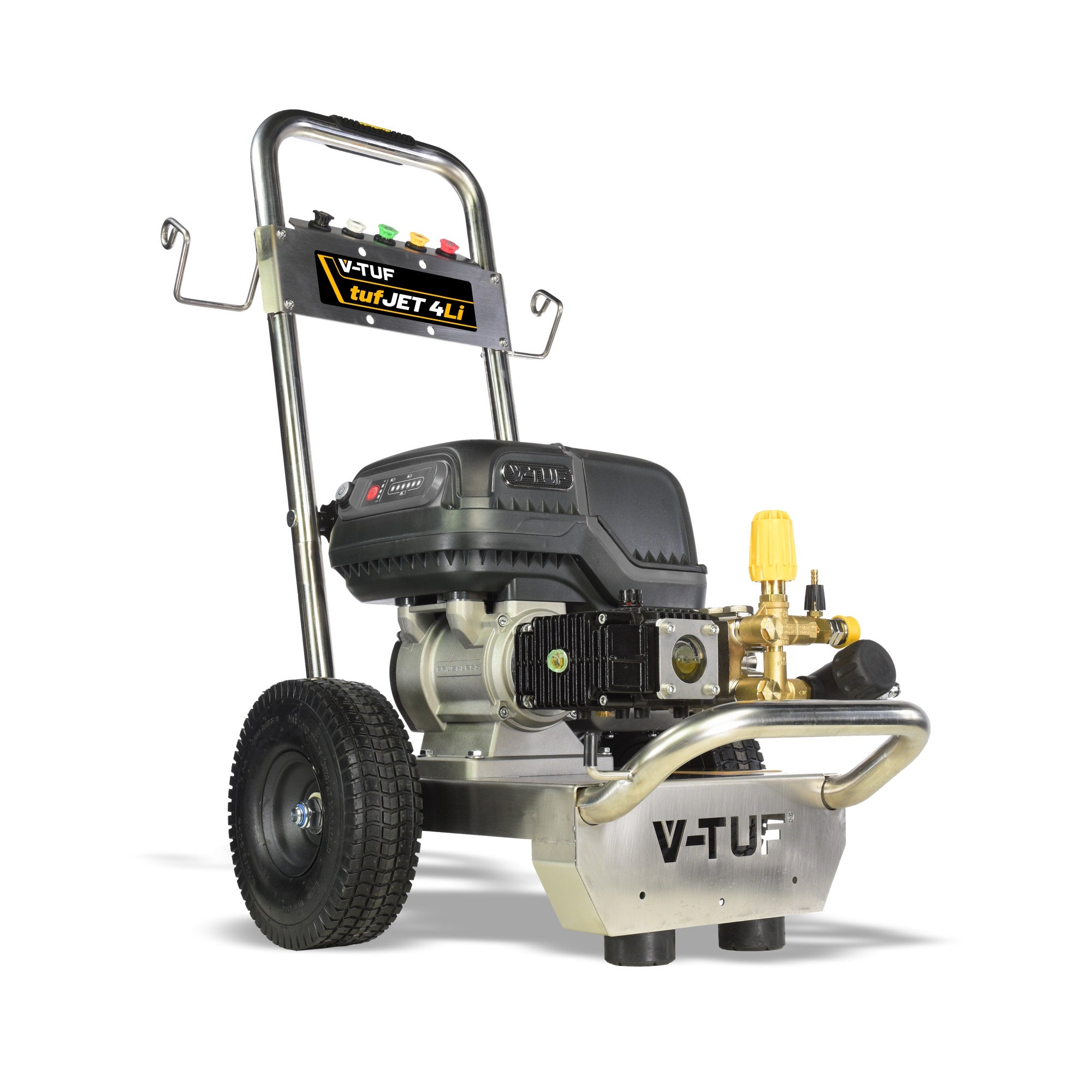 V-TUF TUFJET4-LI battery pressure washer side view showing battery pack and pump