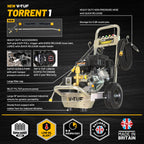 V-TUF TORRENT1 petrol pressure washer side view showing engine, pump and hose reel