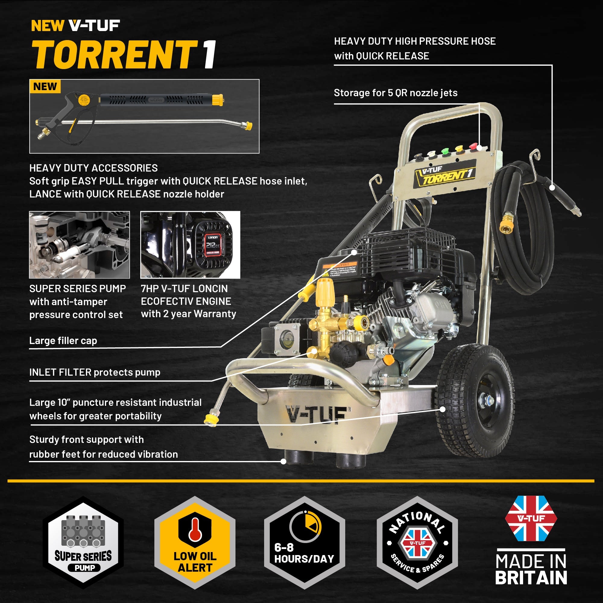 V-TUF TORRENT1 petrol pressure washer side view showing engine, pump and hose reel