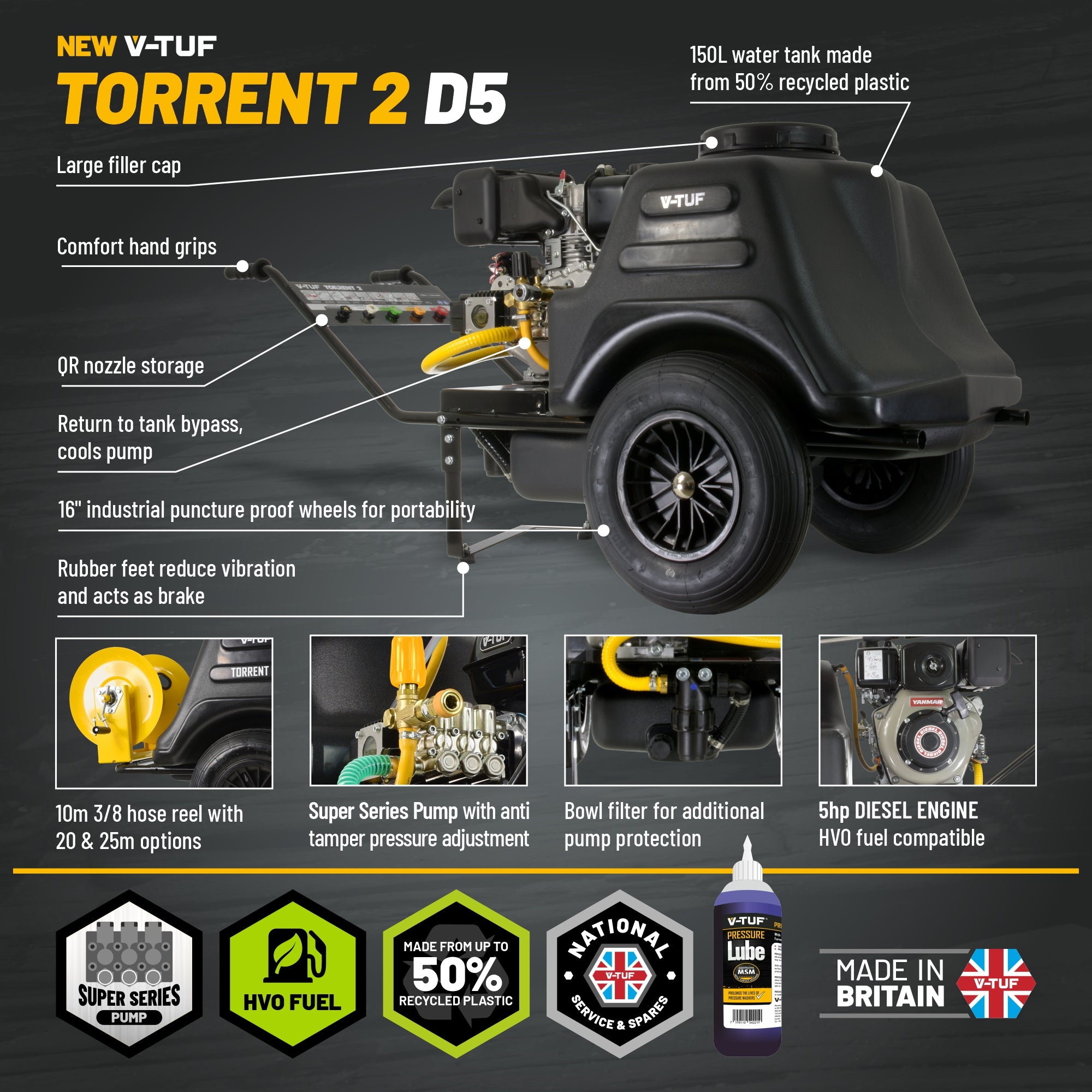V-TUF TORRENT 2D5 bowser rear view showing water tank inlet and hose storage