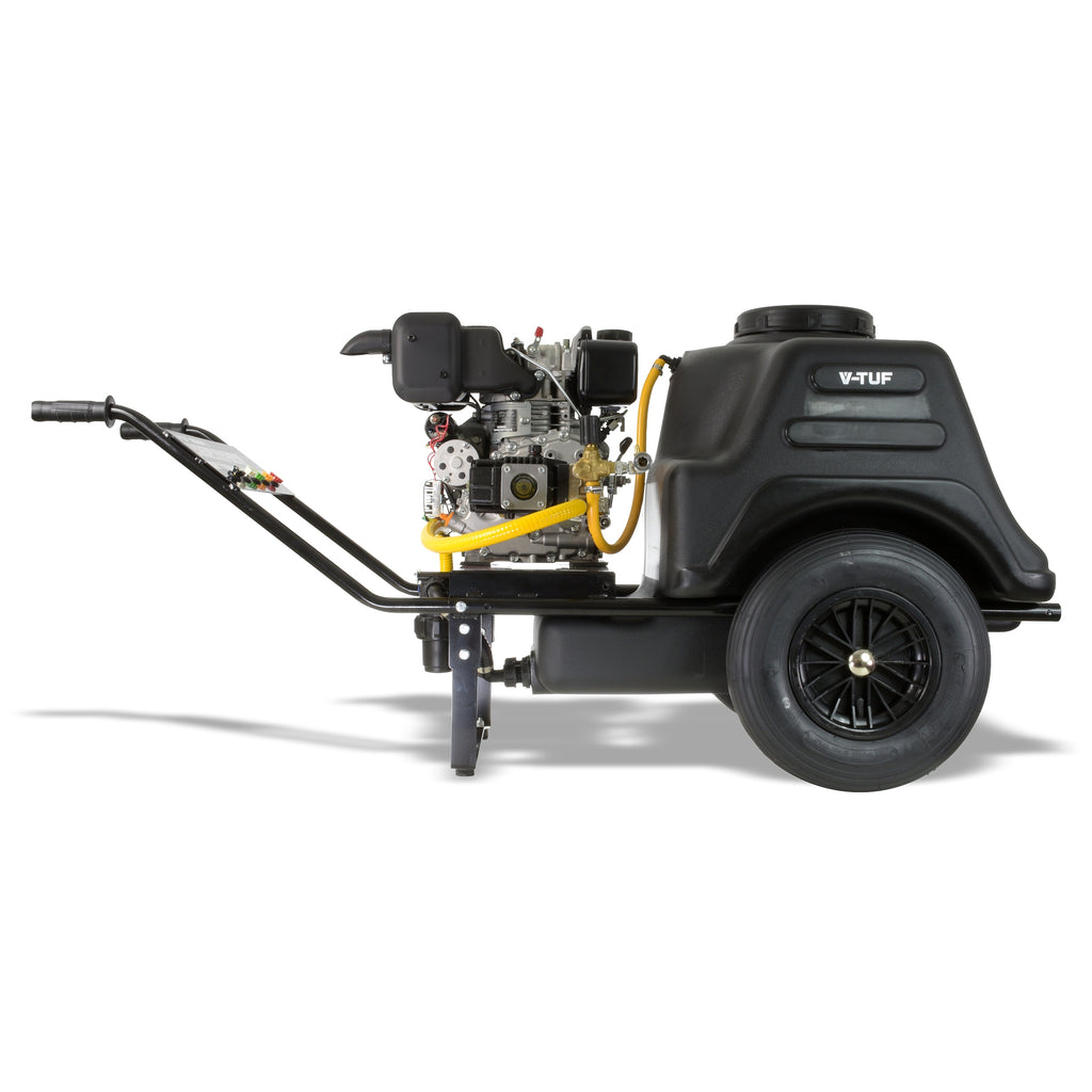 V-TUF TORRENT2D5 angle view showing diesel engine, pump and bowser tank capacity