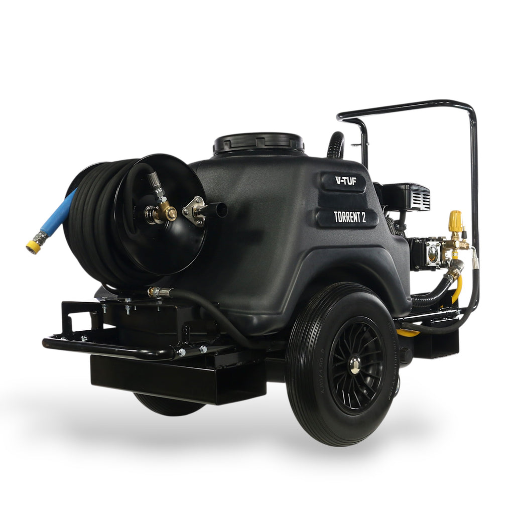 V-TUF TORRENT 2 HR bowser rear view showing 150L tank, hose reel and outlet connections