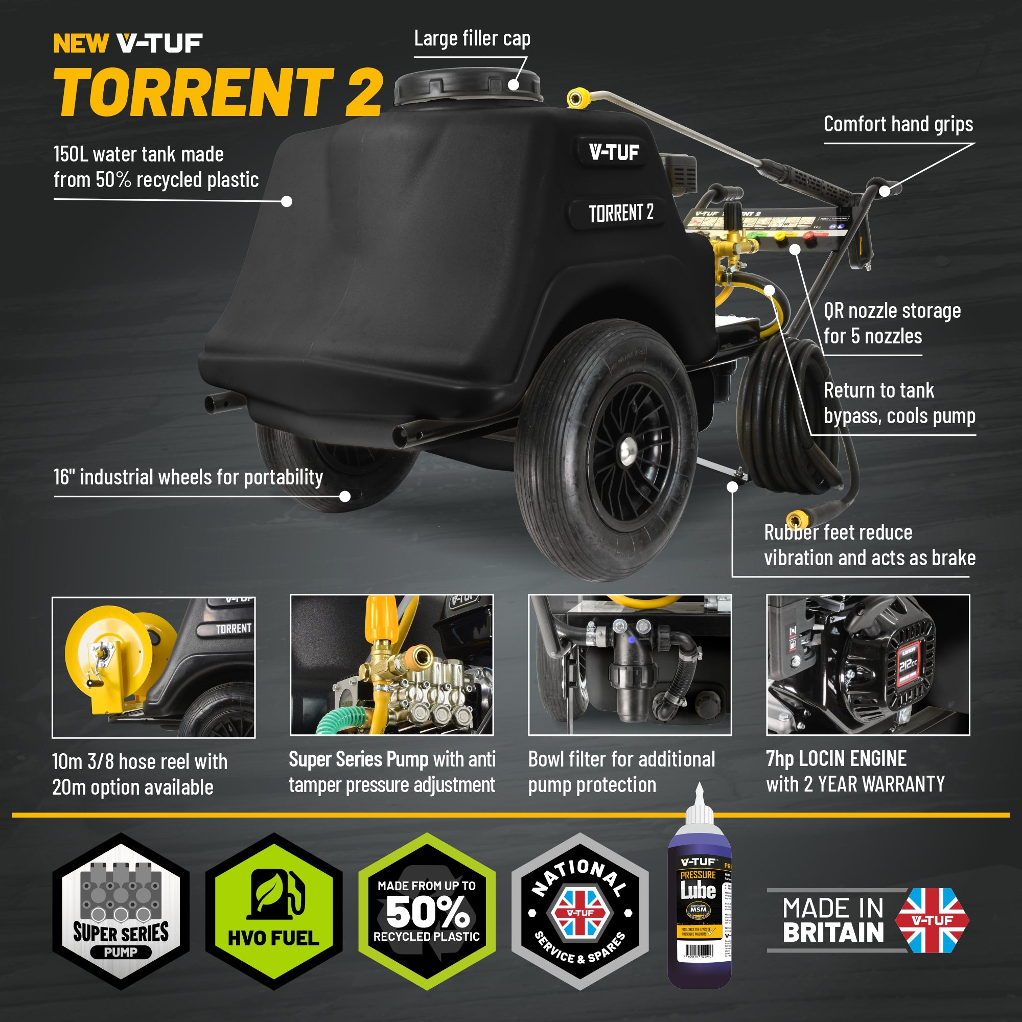 V-TUF TORRENT2-KIT1 side view showing 7HP engine, mini-bowser tank and 19 inch poly deck