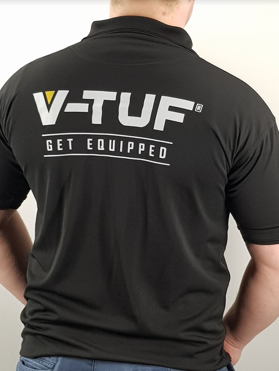 V-TUF polo shirt back view showing cut and fit