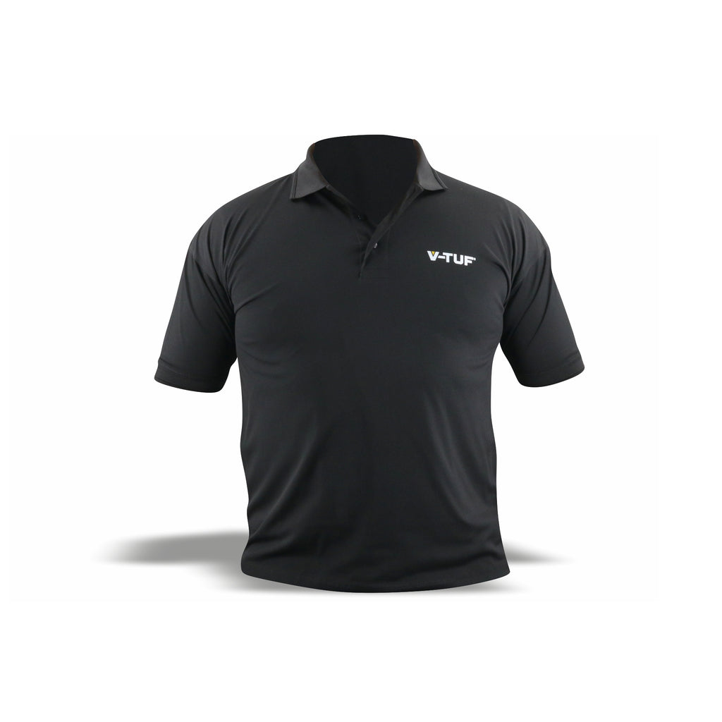 V-TUF branded polo shirt in black with embroidered yellow V-TUF logo, front view