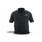 V-TUF branded polo shirt in black with embroidered yellow V-TUF logo, front view