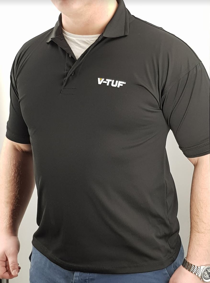 V-TUF polo shirt side view showing collar, button placket and embroidered logo