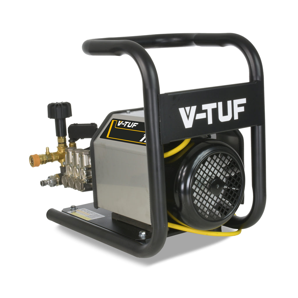 V-TUF 110C pressure washer angle view showing wall-mount bracket and hose connections