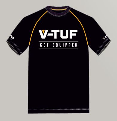 V-TUF t-shirt close-up showing logo print quality and fabric detail