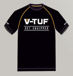 V-TUF t-shirt close-up showing logo print quality and fabric detail