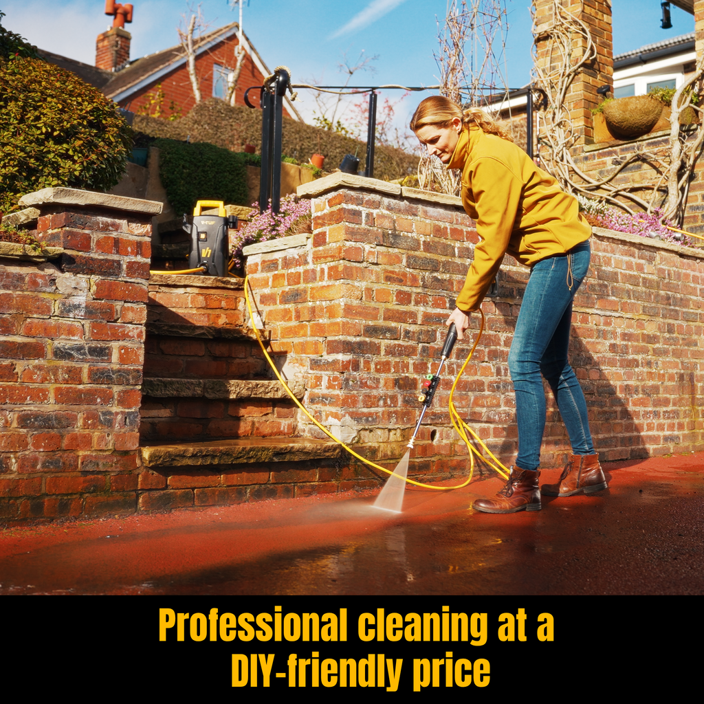 V-TUF V1240X2 pressure washer in use showing 105 Bar cleaning output