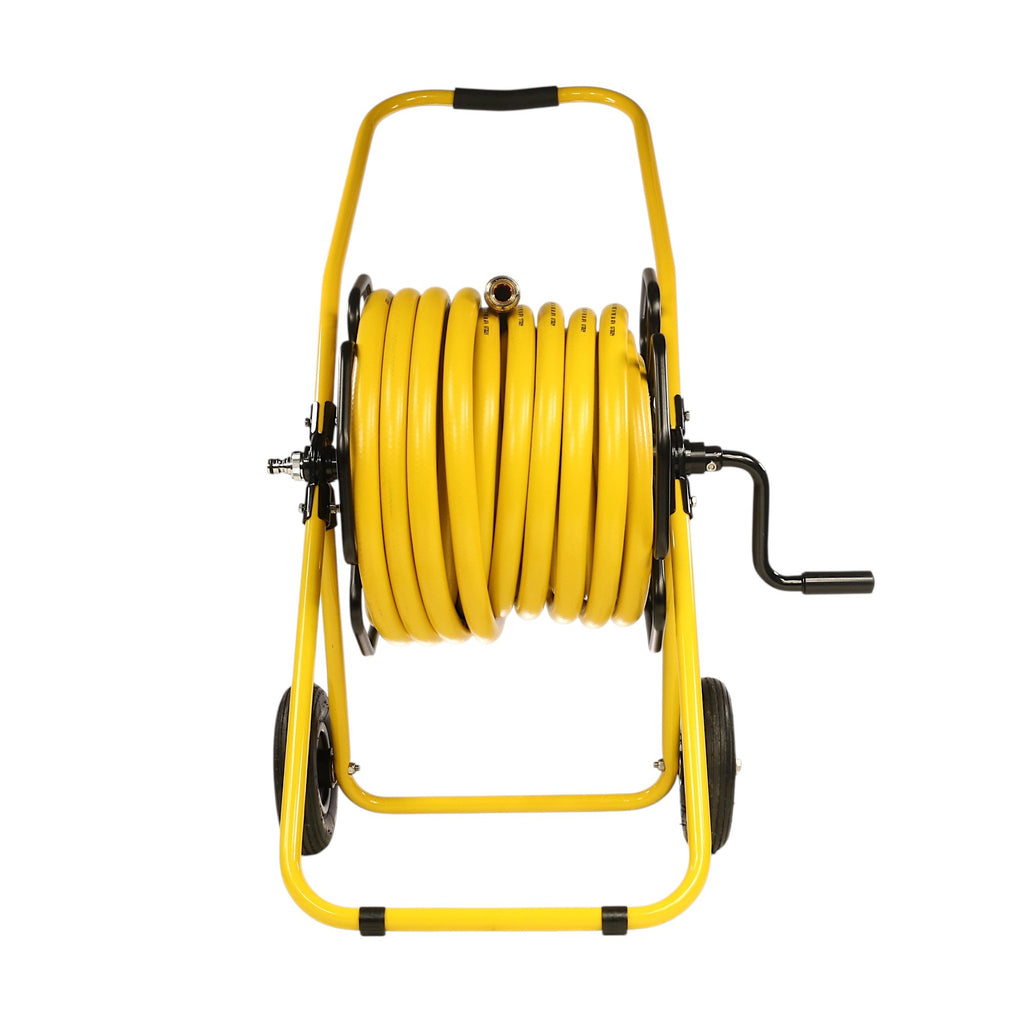 V-TUF hose reel trolley angle view showing manual wind handle and 50m hose coil