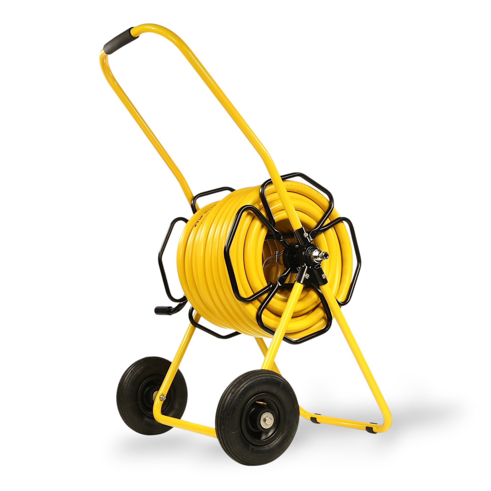 V-TUF hose reel trolley close-up showing manual ratchet mechanism and hose guide