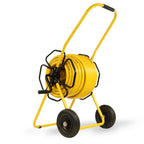 V-TUF hose reel trolley front view showing steel drum and 50m 1/2 inch hose fitted