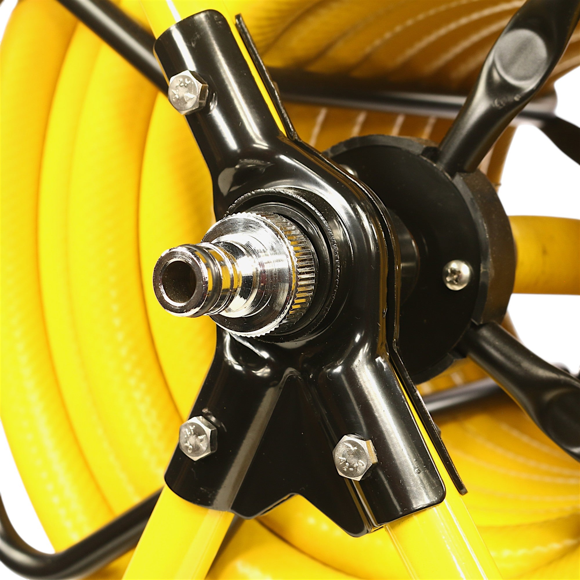 V-TUF hose reel trolley wheel detail showing rubber tyre and axle assembly