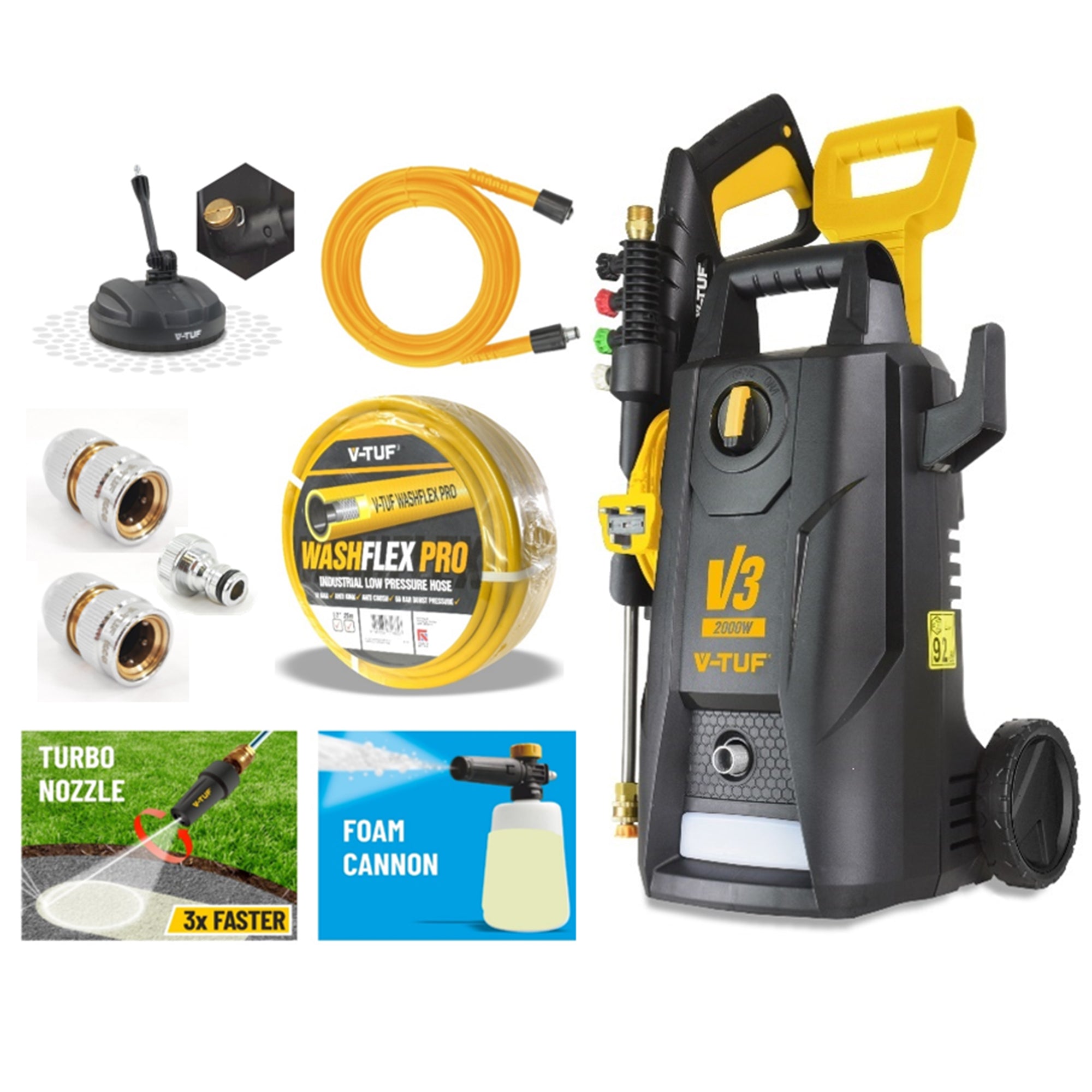 V-TUF V3 electric pressure washer accessories showing lance, nozzles and hose connections