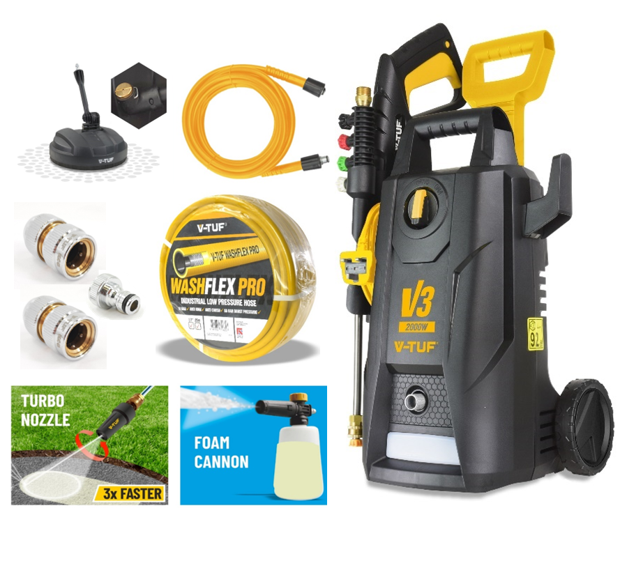 V-TUF V3240X2-KIT2 with 15m water feed hose showing machine and hose bundle