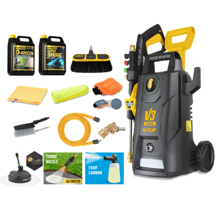 V-TUF V3240X2-KIT4 patio and pro car wash kit contents showing machine and accessories