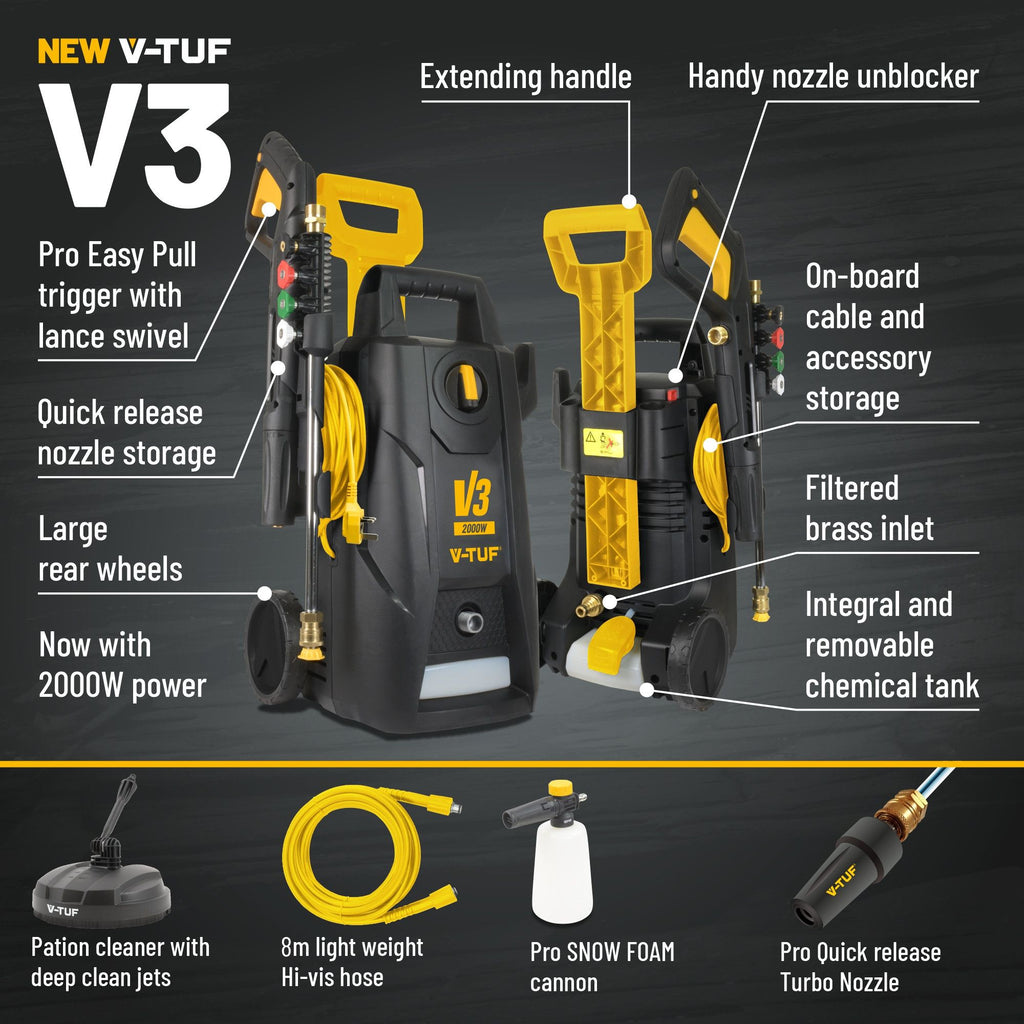 V-TUF V3240X2 electric pressure washer side view showing trigger gun and compact frame