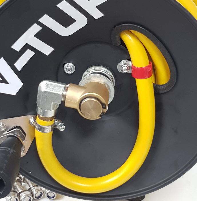 V-TUF V5.1203 black hose reel side view showing drum, hand crank and guide arm