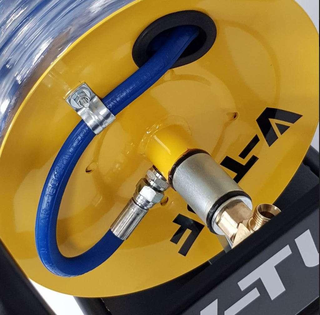 V-TUF 30m portable Super Series reel close-up showing inlet swivel and guide arm