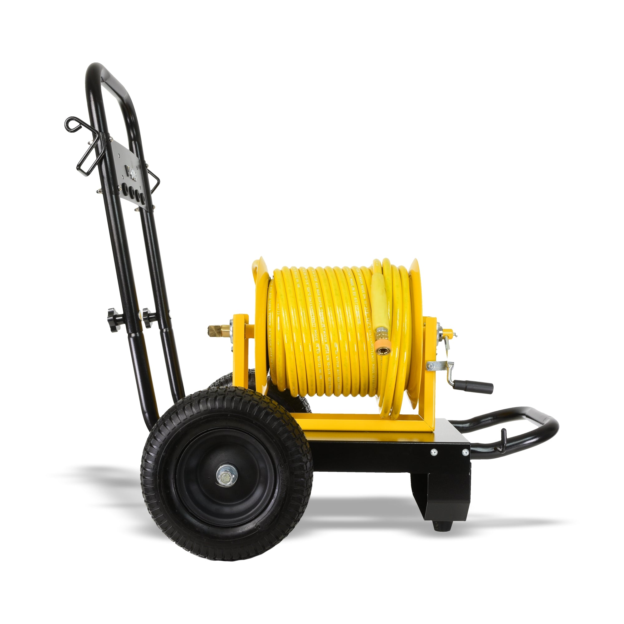 V-TUF V5.141SS-KIT2 Super Series manual reel side view showing stainless drum and yellow hose