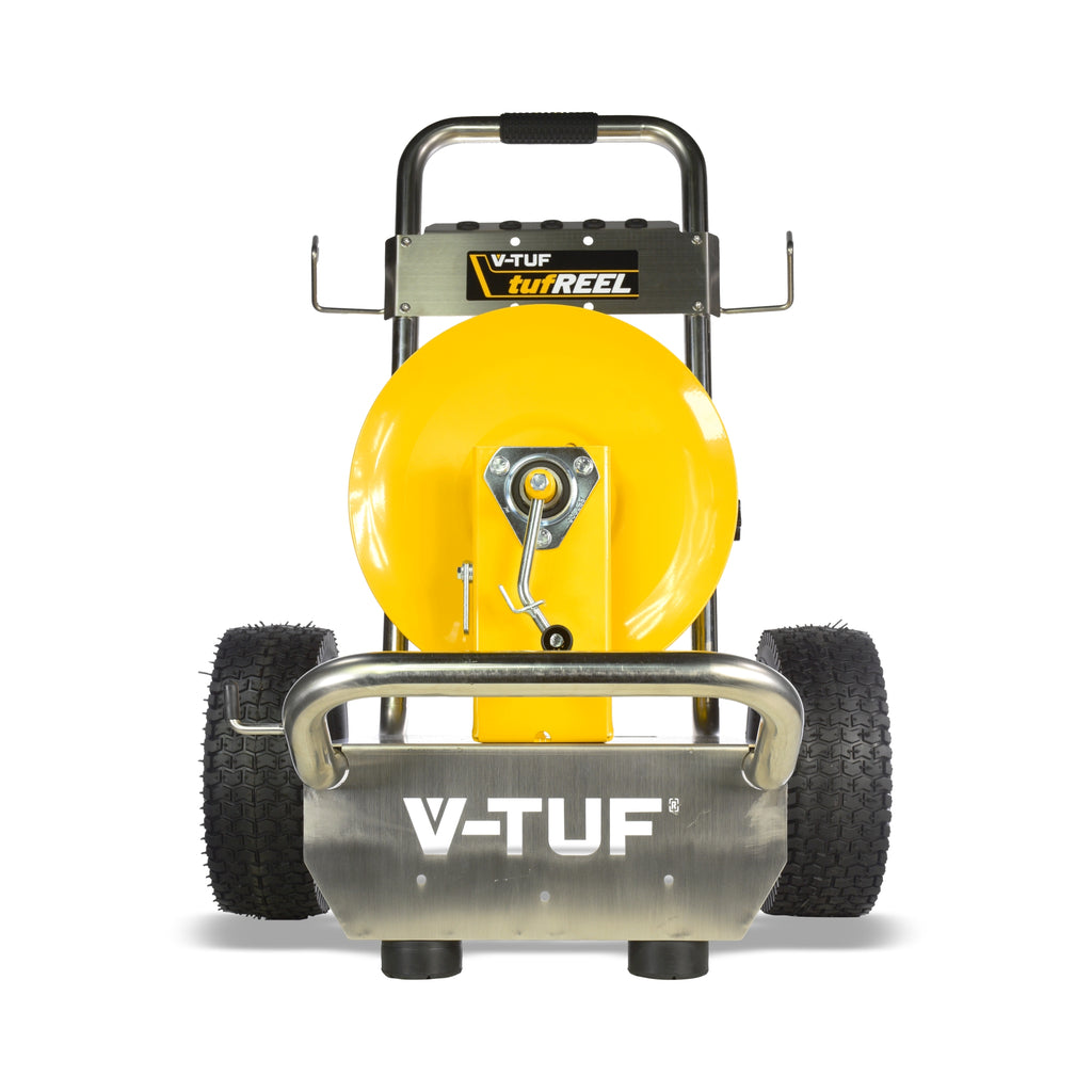 V-TUF trolley mounted SR tufREEL close-up showing manual wind handle and drum