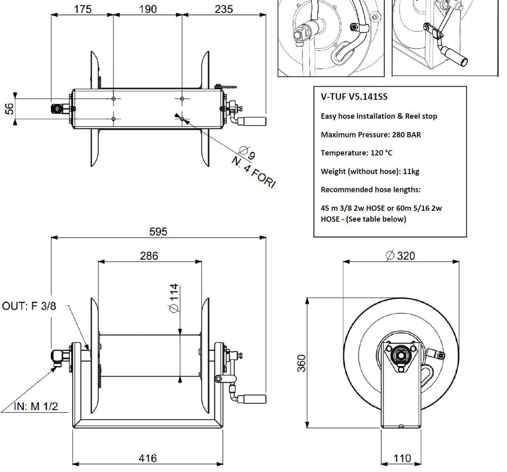 V-TUF manual wind tufREEL Super Series 60m hose reel V5.141SS, front view