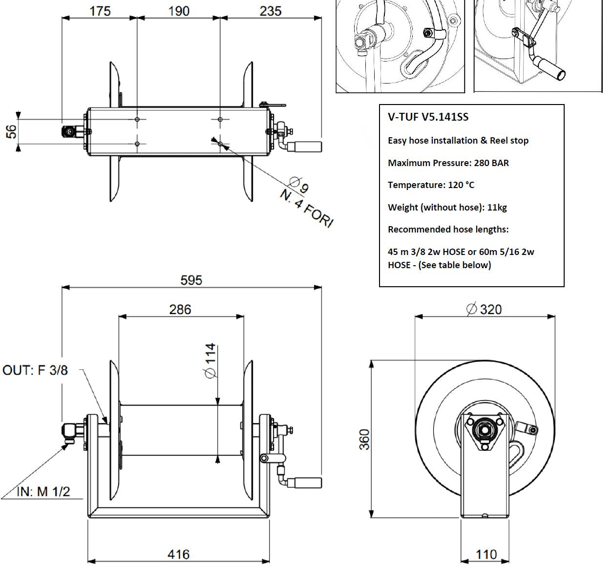 V-TUF manual wind tufREEL Super Series 60m hose reel V5.141SS, front view