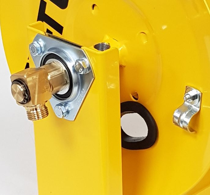 V-TUF 60m Super Series hose reel rear view showing drum capacity and wall mount bracket