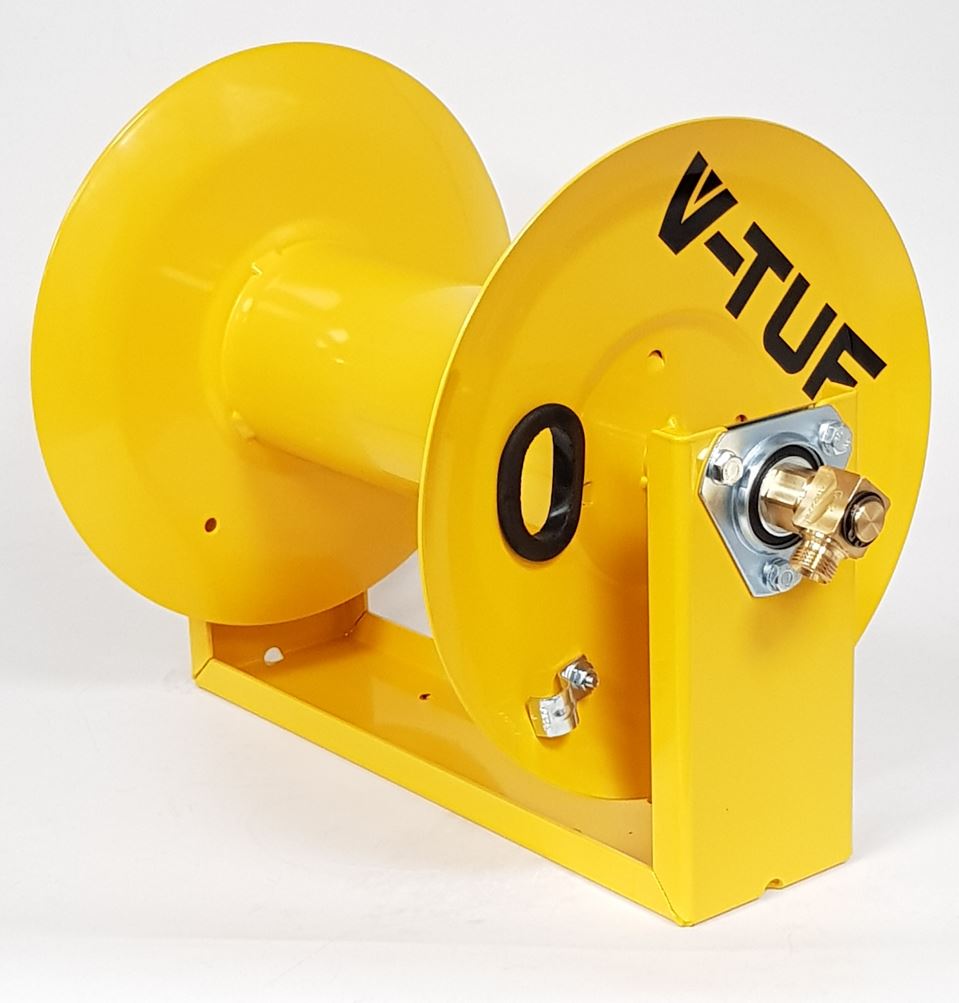 V-TUF V5.141SS Super Series hose reel close-up showing inlet swivel and guide arm