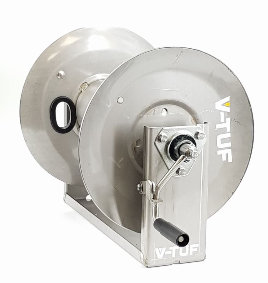 V-TUF V5.143SS Super Series stainless hose reel side view showing drum and hand crank