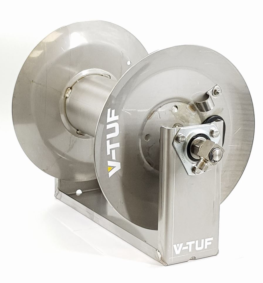 V-TUF 60m Super Series stainless reel rear view showing inlet swivel and wall bracket