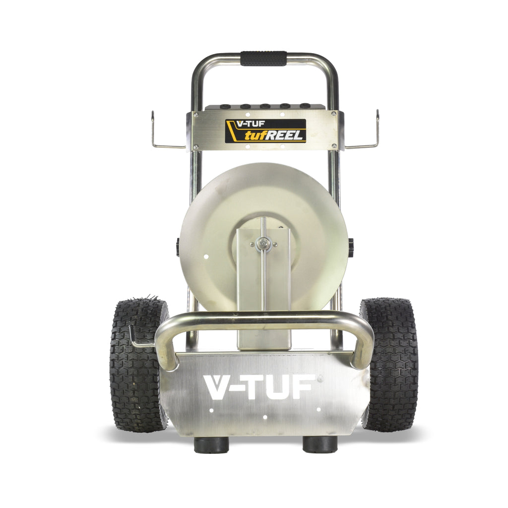V-TUF V5.144SSTR stainless SR2 trolley hose reel side view showing drum, handle and trolley
