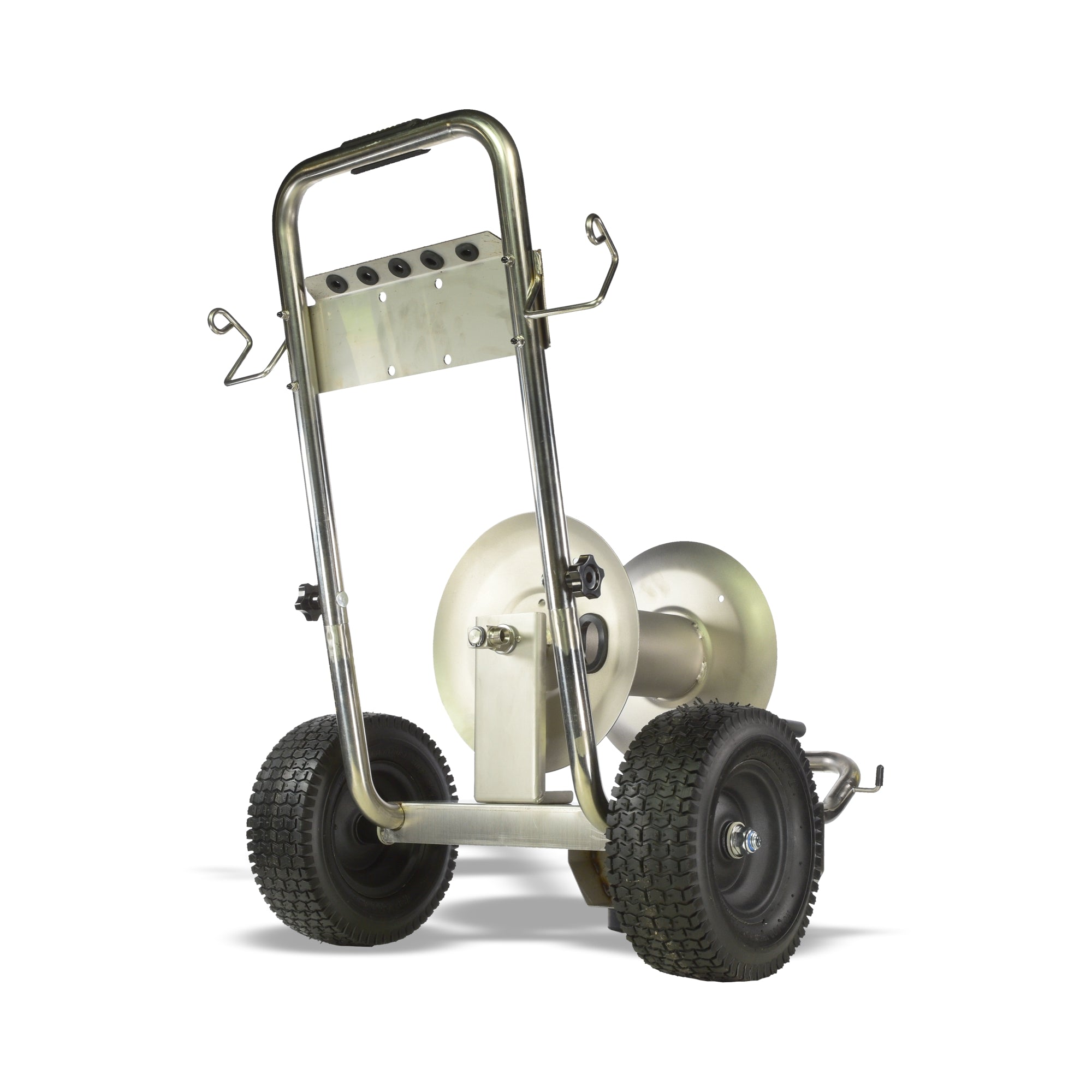 V-TUF 60m stainless trolley hose reel close-up showing inlet swivel and drum capacity