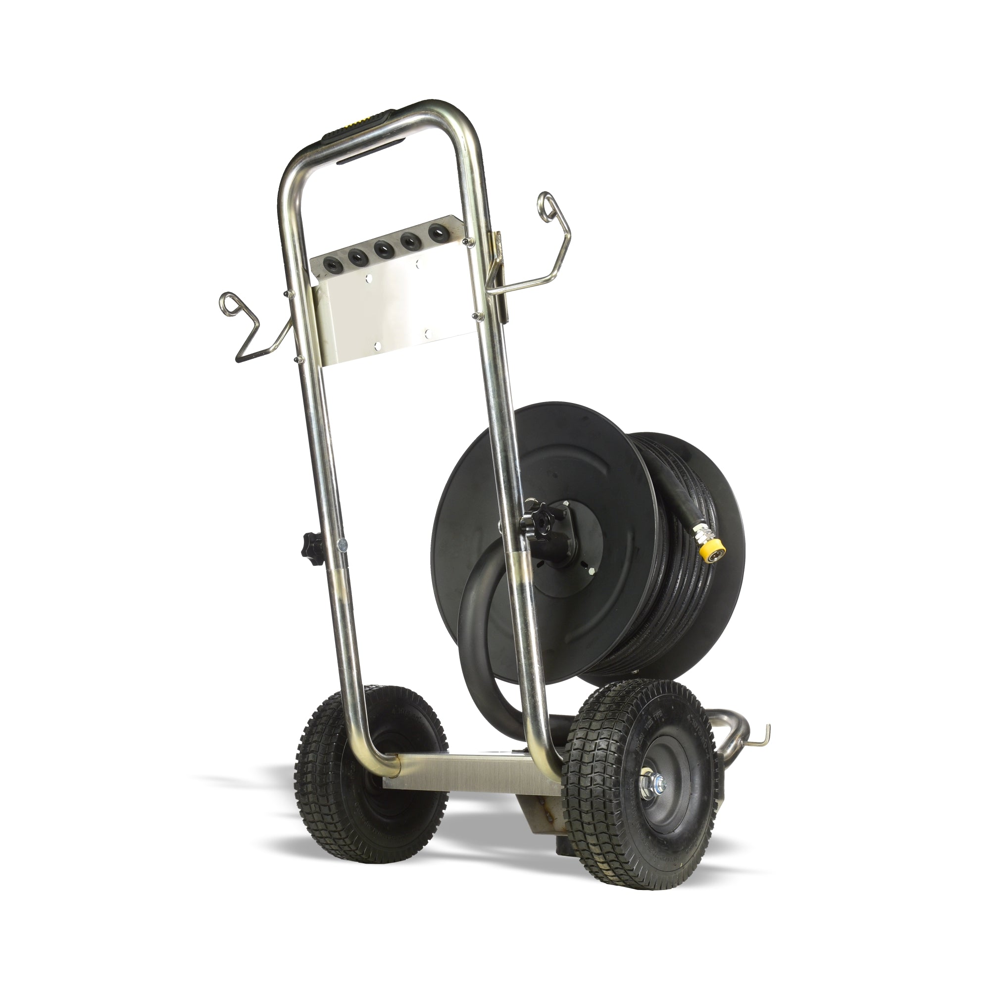 V-TUF manual wind trolley reel close-up showing MSQ coupling and 50m high pressure hose