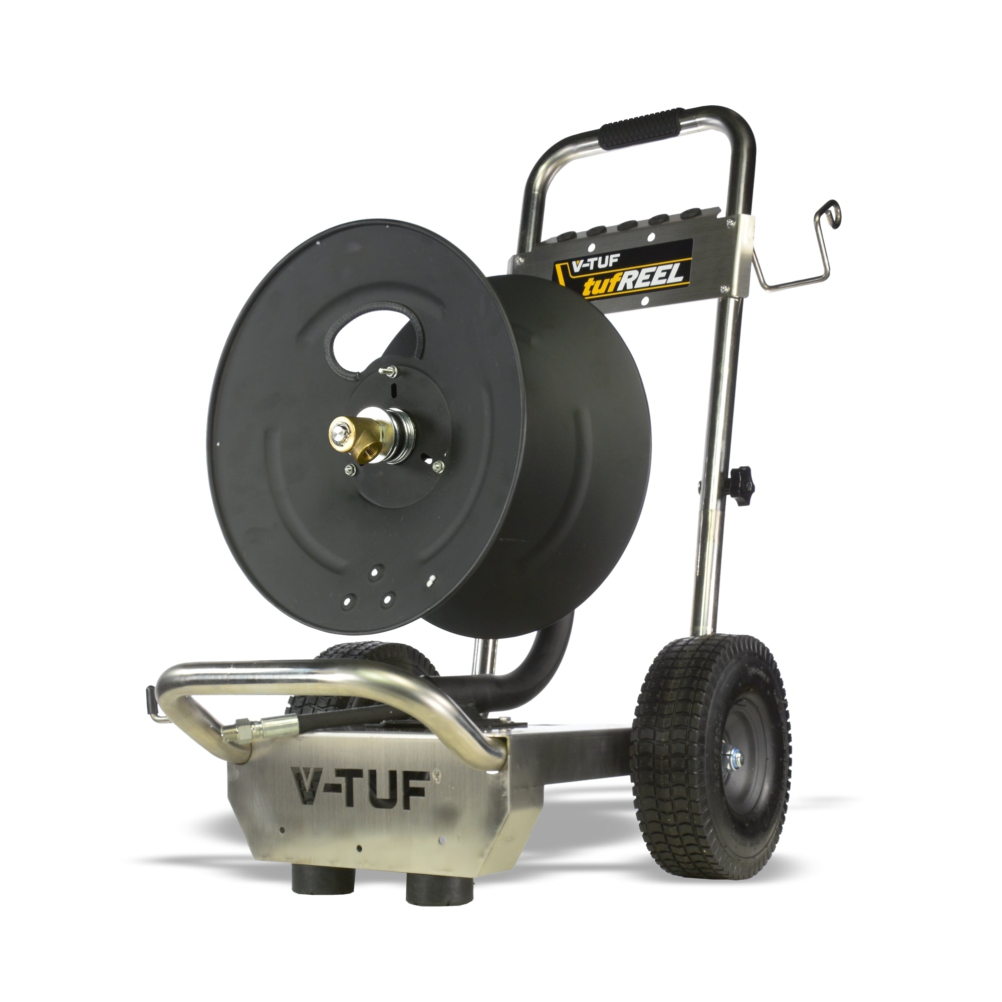 V-TUF manual wind trolley hose reel V5.1453TR, 60m capacity, yellow steel frame with wheels