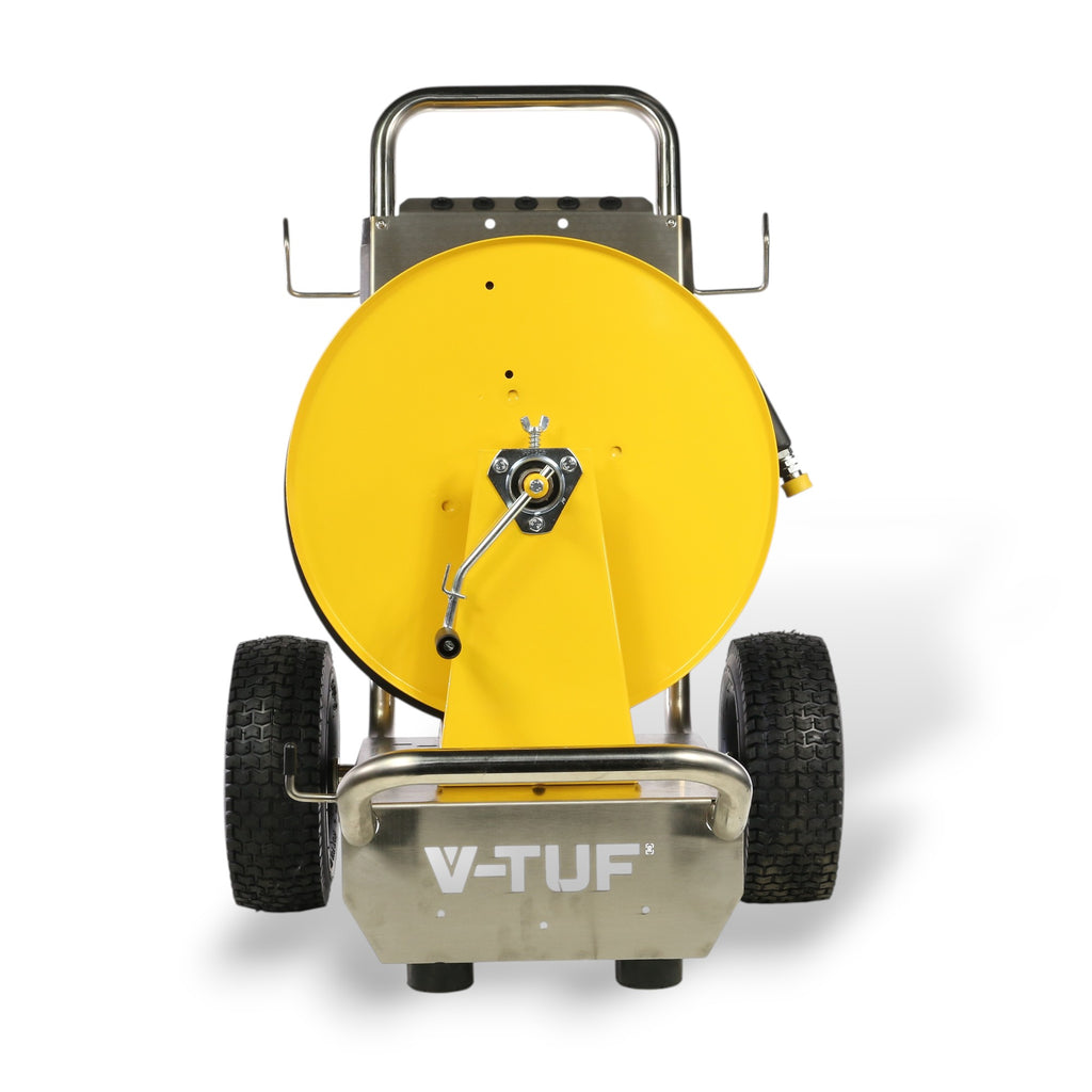 V-TUF SR3 tufREEL angle view showing manual wind mechanism and hose guide