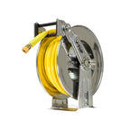 V-TUF V5.2200-KIT4Y stainless hose reel side view showing stainless drum and yellow hose