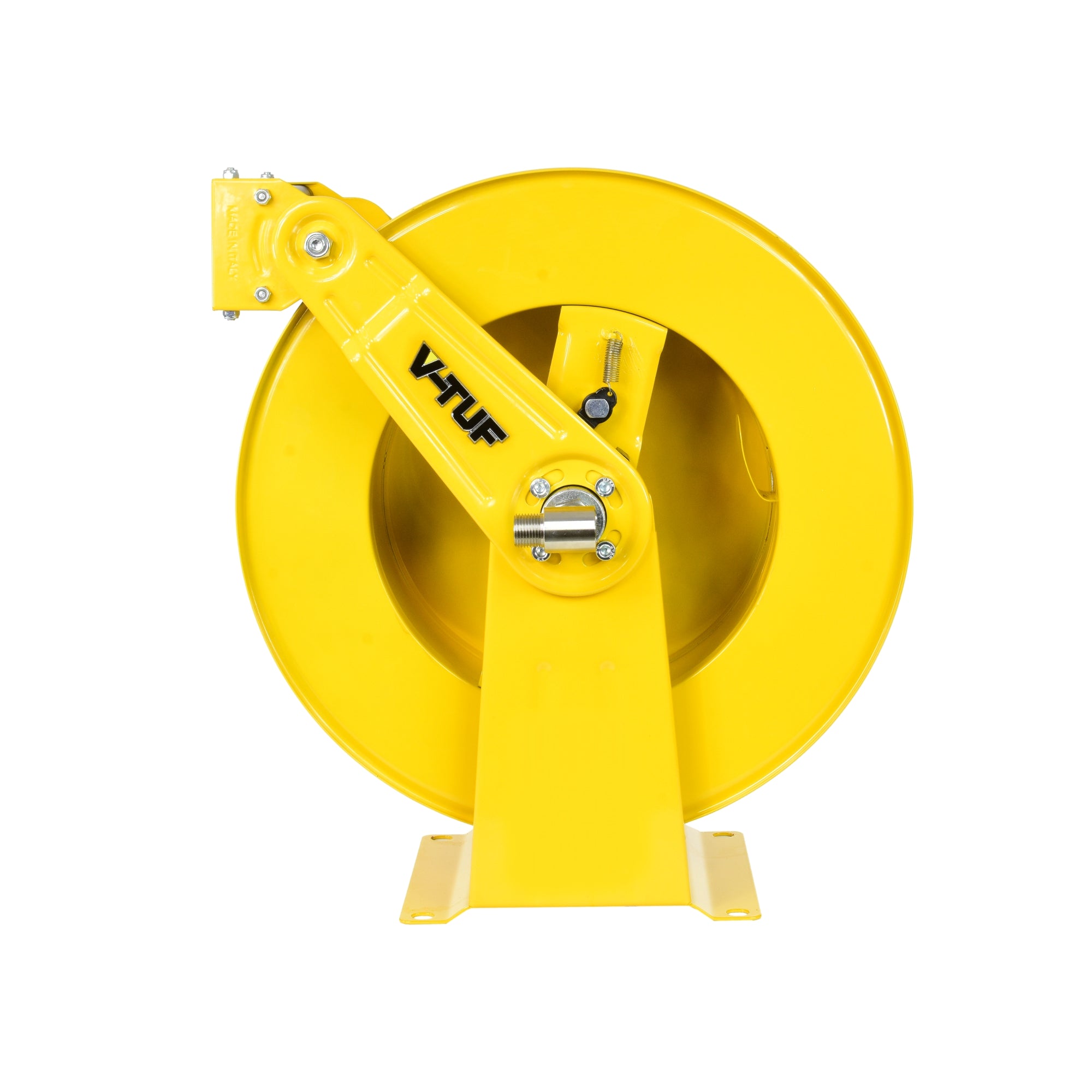 V-TUF tufREEL hose reel close-up showing retract mechanism and hose guide