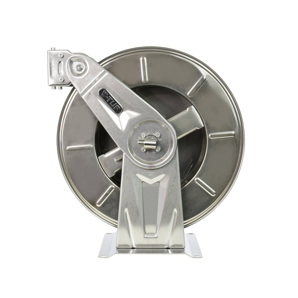 V-TUF V5.2350 stainless retractable reel side view showing auto-retract mechanism
