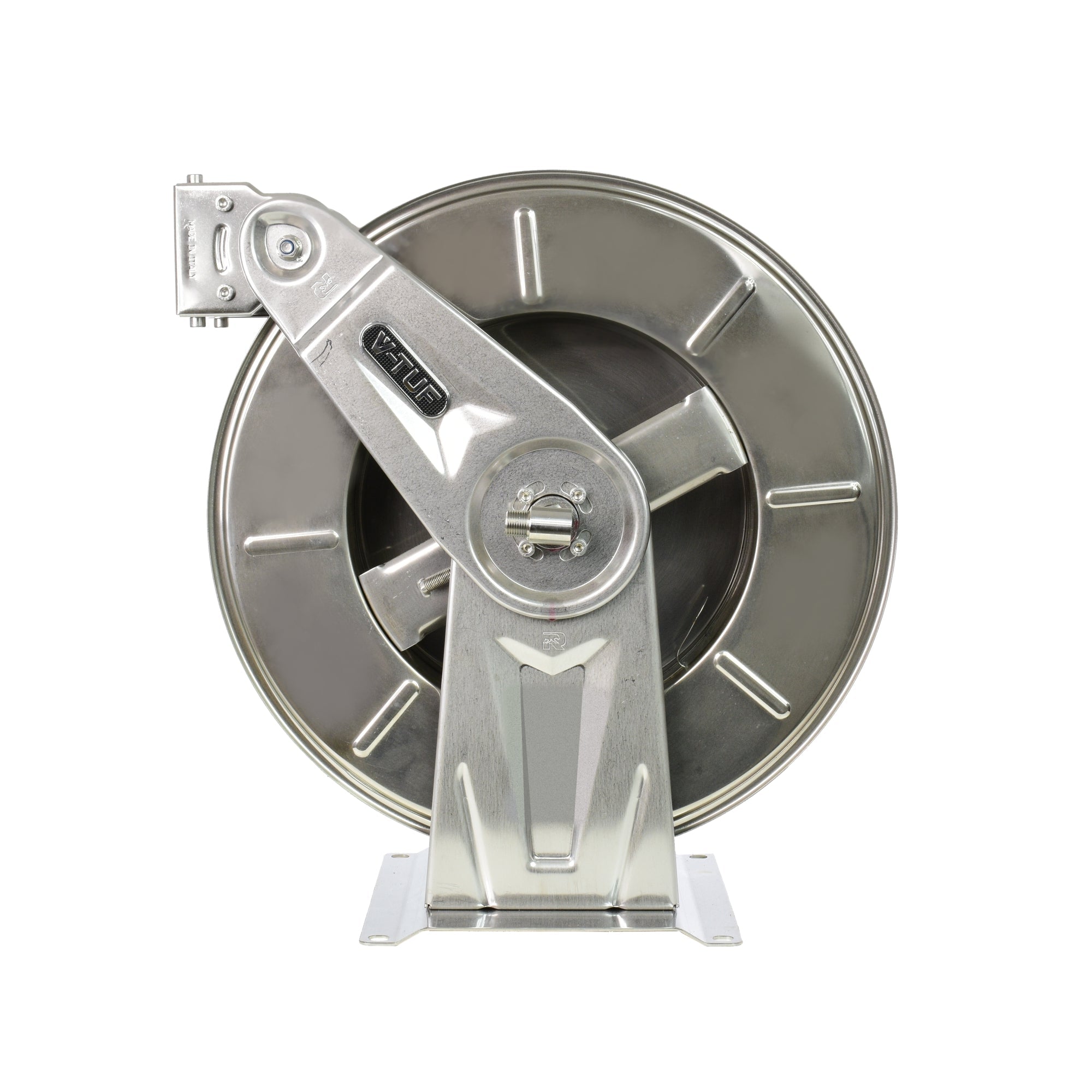 V-TUF V5.2350 stainless retractable reel side view showing auto-retract mechanism