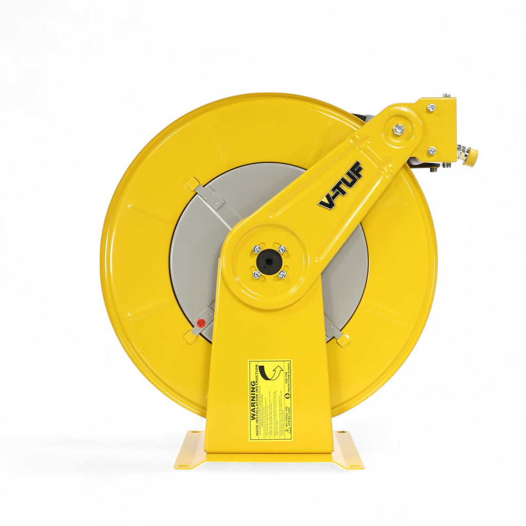 V-TUF V5.2351-KIT1 hose reel close-up showing retract button and hose connector