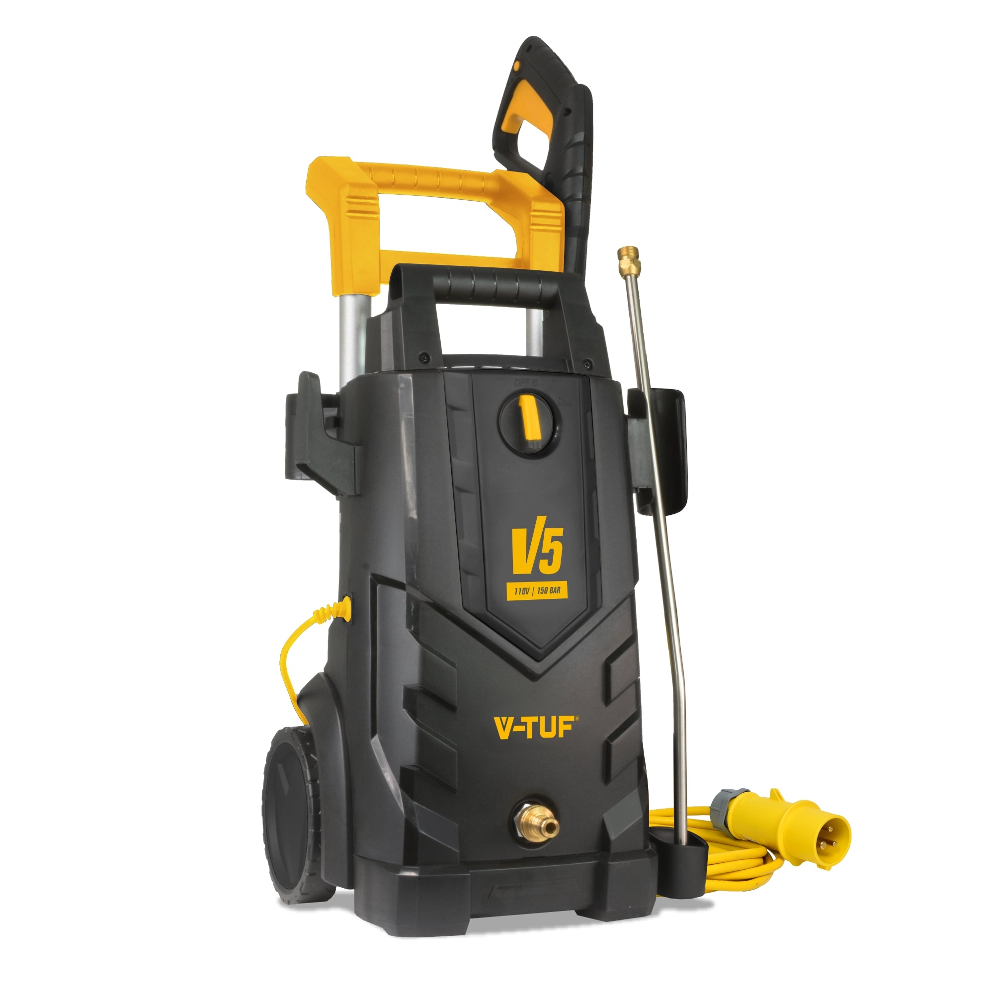V-TUF V5110X2 110V pressure washer side view showing motor, pump and orange hose