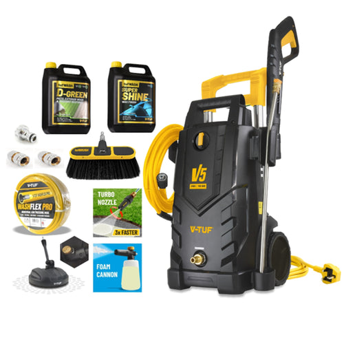 V-TUF V5240X2-KIT2 patio and car cleaner kit with 25m hose showing machine and accessories