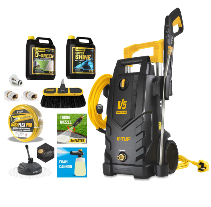 V-TUF V5240X2 pressure washer in use on driveway showing 200 Bar cleaning output