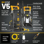 V-TUF V5240X2 electric pressure washer side profile showing trigger gun and 8m hi-vis orange hose